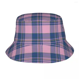 Bérets Pink and Denim Bucket Hat for Men Blue Plaid Fisherman Chapeaux