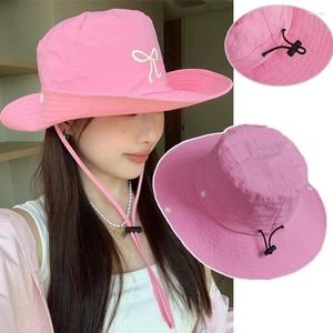 Bérets Pink Bow Bucket Hats Femmes Big Brim Drying Drying Sweet Fashion Western Cowboy Fisherman Hat Summer Outdoor Camping Fishing Caps