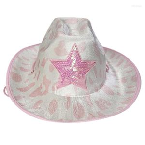 Berets Pink Cow Print Cowboy Hat voor meisjes met pailletten Star Decorations Rave Cowgirl Birthday Party Costume Accessoire