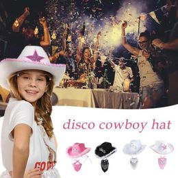 Bérets Pink Cowboy Hat Cowgirl Western avec Bandana Rignestone Party Panama Feather Crown Fedora Holiday Costum B7F2