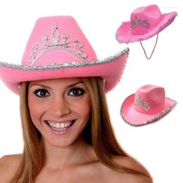 Beretten roze cowboy hoed vrouwen westerse tiara cowgirl cap vakantiekostuum Rhinestone kroon veer Panama lichtberets