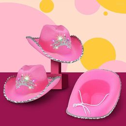 Boinas Sombrero de vaquera rosa para mujer Chica de vaca con cuello de tiara Cordón Fieltro Accesorios de disfraces de vaquero Fiesta Fedora Cap Dress Up