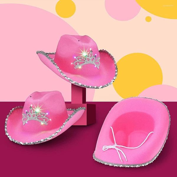 Bérets Chapeau de cow-girl rose pour femmes Cow Girl avec diadème cou cordon de serrage feutre accessoires de costume de cowboy fête Fedora Cap Dress Up