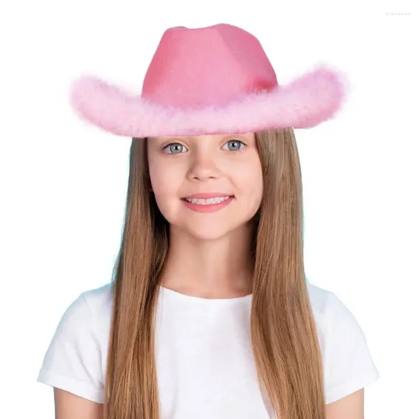 Bérets Pink Cowgirl Hat pour femmes larges bordure stetson filles plumes bord paillettes brillantes