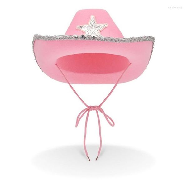 Bérets Chapeau de cow-girl rose Garniture de paillettes scintillantes pour Halloween Dress Up Fournitures de fête