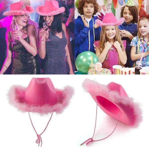 Bérets Chapeau de cow-girl rose avec plumes Boa Fluffy Brim Cowboy Plumes pour Bachelorette Costume Party Play Dress-Up