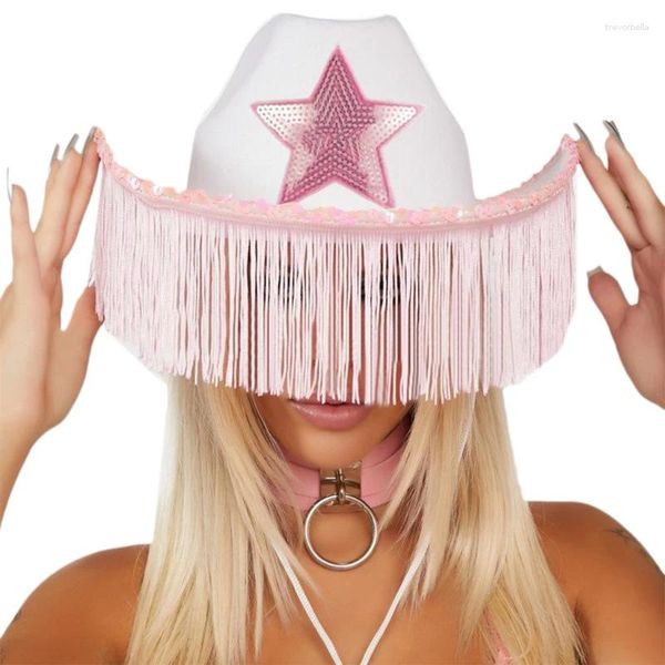 Bérets Pink Cowgirl Chapeaux Sequins Star Cow Girl Hat With Fringe Adult Cowboy