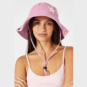 Bérets Rose Pliable Chapeau De Pêcheur Femmes Rétro Big Brim Chapeaux Été En Plein Air Y2K Punk Étoiles Seau Caps Mode Casual Protection Solaire