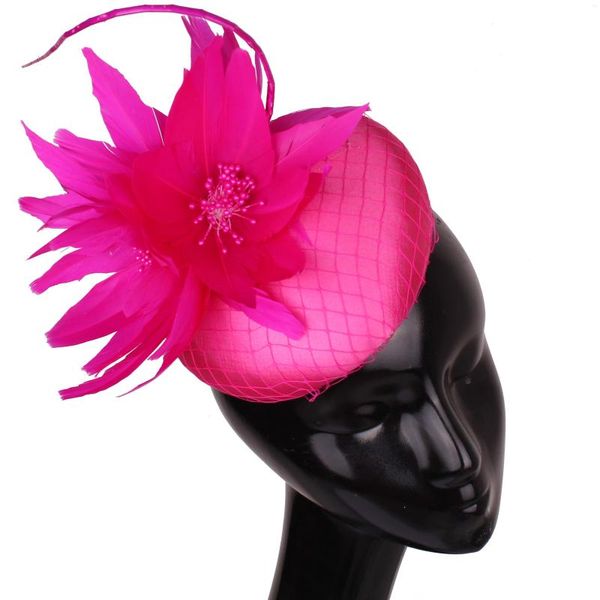 Boinas Rosa Formal Satén Tocados para el cabello Fiesta de noche Señoras Tocado Niza Gril Malla Sombrero Nupcial Boda Sombreros con plumas