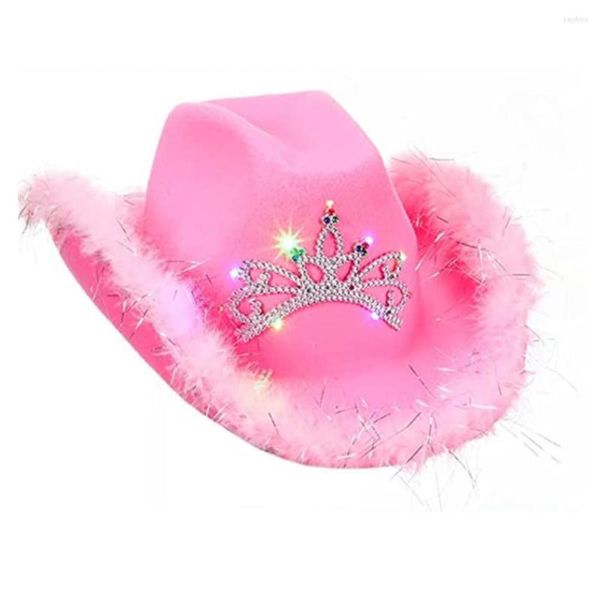 Bérets rose fille Western Cowboy casquettes mode fête déformé large bord peluches avec chapeau à paillettes plume bord Fedora casquette coiffure