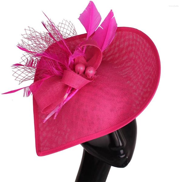 Boinas Pink Imitación Fascinator Sombreros Damas Mujeres Chi Boda Elegante Tocados Pluma Flor Accesorios para el cabello Clips