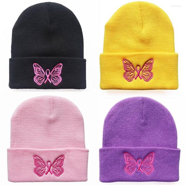 Boinas Cinta rosa Gorro de mariposa Gorro para mujeres Niñas Concientización sobre el cáncer de mama Sombrero de calavera Moda de punto Bordar Bonnet Amigo Regalos