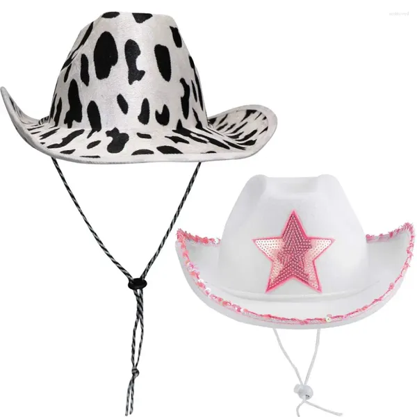 Bérets Rose Star Blanc Cowgirl Chapeau Paillettes Garniture Frange Cow Girl Réglable Cowboy Cou Dessiner Chaîne Costume Partie Jouer Dress-Up