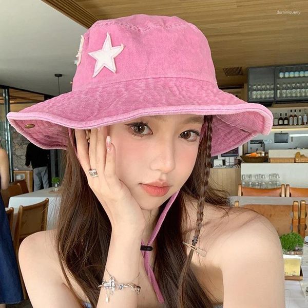 Boinas Pink Stars Bucket Caps para mujeres Verano con cordones Retro Big Brim Y2K Punk Sombreros al aire libre Protección solar Cowboy Fisherman Hat