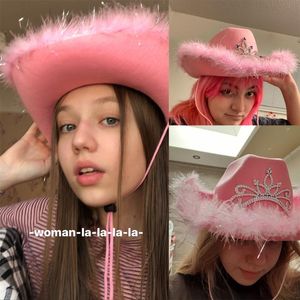 Beretten roze tiara cowgirl hoed voor vrouwelijke meisjes wijd runder fedora cowboy caps western stijl vakantief feest veer parsenvrouw vrouw
