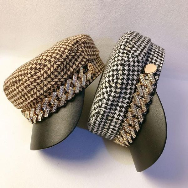 Boinas Sombrero Sboy a cuadros para mujeres Cadena de piedra de cristal Houndstooth Spring Octaonall Gril Capas Autumn Vintage Lady