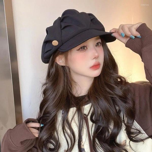 Bérets béret plissé chapeau Chic femmes automne/hiver chapeaux avec bouton à bord étendu décor élégant Streetwear pour la mode chaude