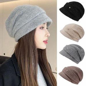 Bérets Bonnet tricoté doublé en peluche pour femme, confortable, épais, élastique, coupe-vent, chaud, Protection des oreilles, hiver