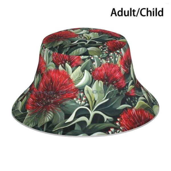 Bérets Pohutukawa Chapeau de seau Casquette de soleil Kiwiana Zealand Arbre de Noël Flore Pliable Pêcheur en plein air