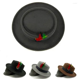 Baretten Porkpie Hoeden Voor Mannen Fedora Jazz Veer Platte Top Hoed Panama Mode Sombrero Hombre Chapeu Masculino Vintage Zakelijk