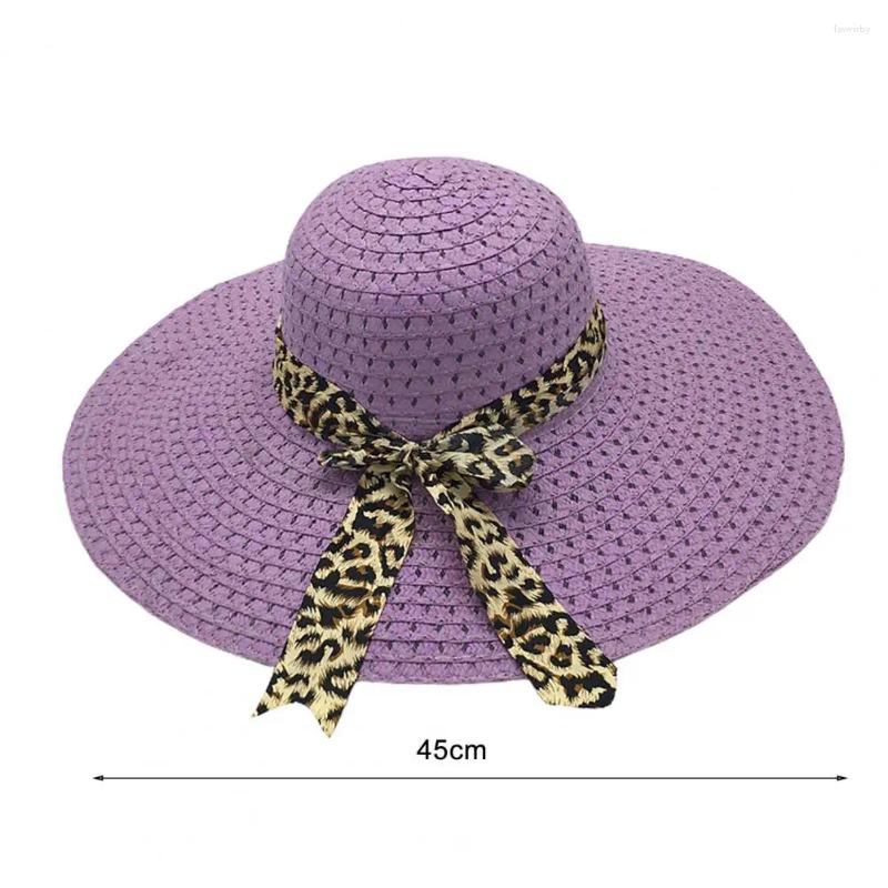 Berets portátil verão chapéu confortável leopardo bowknot decoração larga borda mulheres praia proteção solar lavável palha para a vida diária