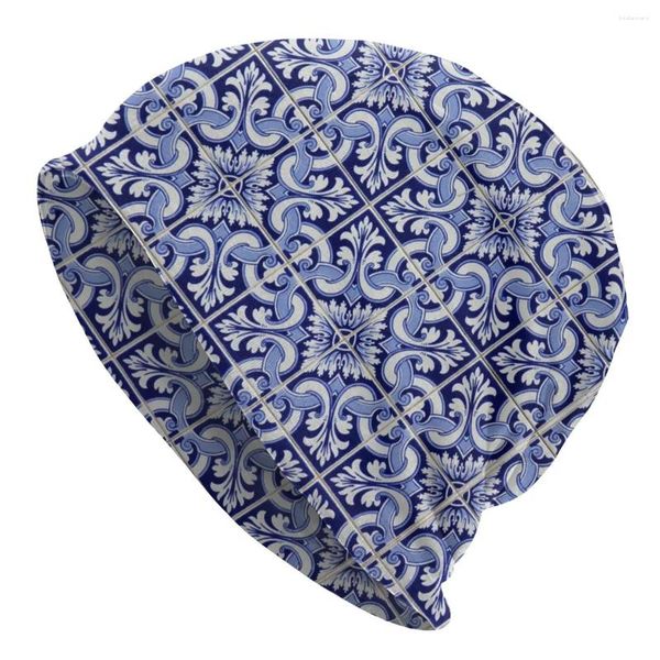 Bérets Panneau de tuiles portugaises Bonnet bleu Chapeaux Automne Hiver Ski Skullies Bonnets Chapeau pour hommes Femmes Tricot Thermique Élastique Casquette Unisexe