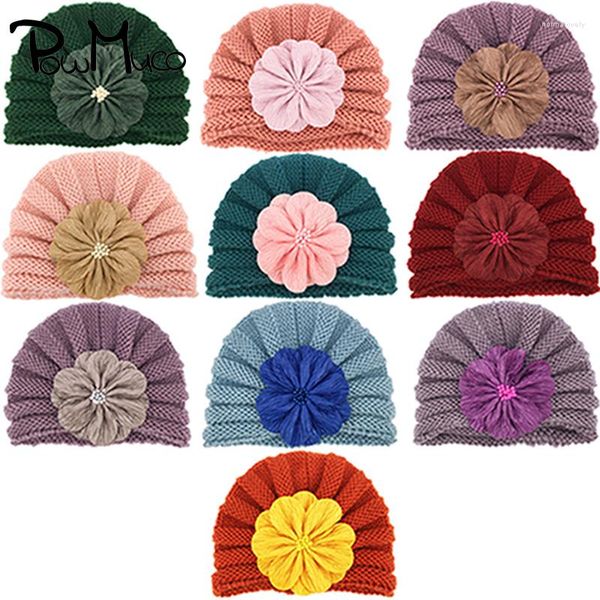 Boinas Powmuco moda flor artificial crochet sombreros a rayas suave cálido tejer gorros de lana bebé sombreros decoración de Navidad