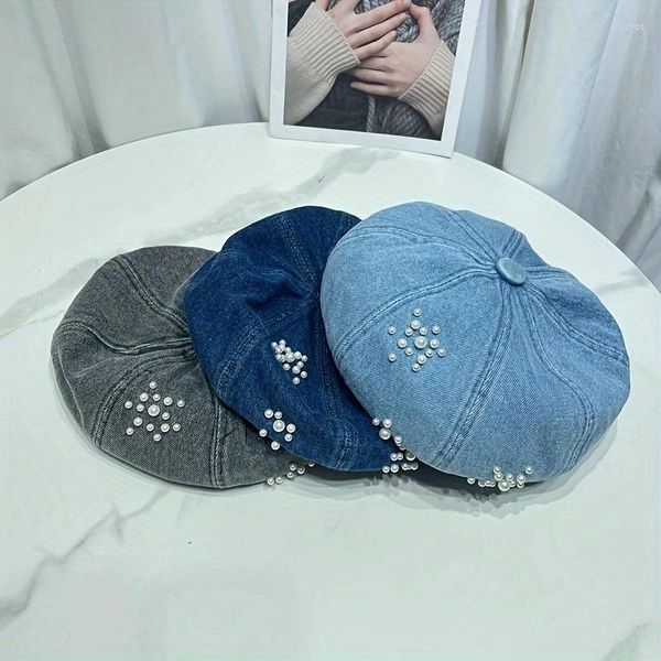 Berets Preppy Sweet Pearl Cowboy Beret for Childre