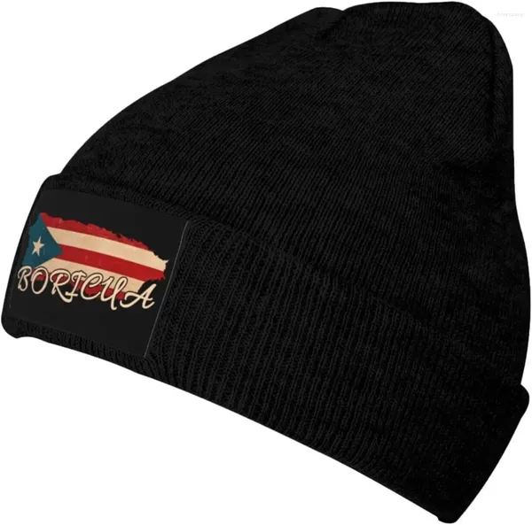 Bérets Porto Rico Drapeau Rican Boricua Pride Doux Stretch Chaleur Bonnet Hommes Femmes Revers Épais Crâne Tricot Chapeau Casquette Noir