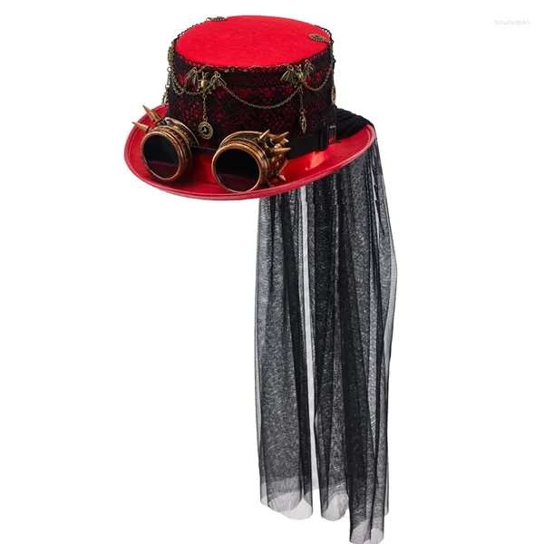 Bérets Punk lunettes chapeau rouge noir dentelle engrenages chaîne Jazz chapeaux Lolita haut rétro avec voile Halloween fête carnaval Fedora
