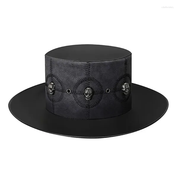 Boinas estilo punk PU cuero top jazz sombrero para hombres decoración del cráneo sombreros planos cosplay fiesta mágica tapas cilíndricas
