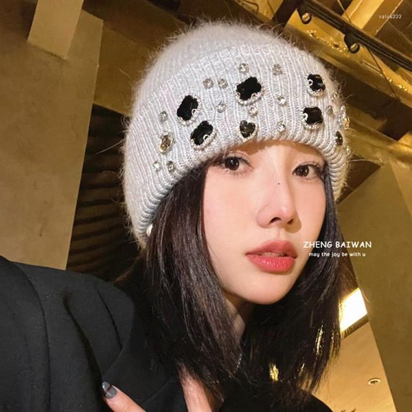 Boinas Punk con estilo, sombrero de punto decorativo con diamantes de imitación, gorro de piel, Gorros, Gorros de invierno para niñas y mujeres, Gorros gruesos y cálidos