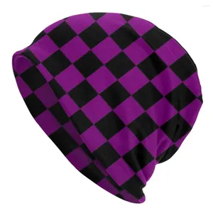 Bérets violet noir damier Bonnet chapeaux Ski Skullies bonnets géométrique à carreaux unisexe tricoté chapeau chaud double usage casquette