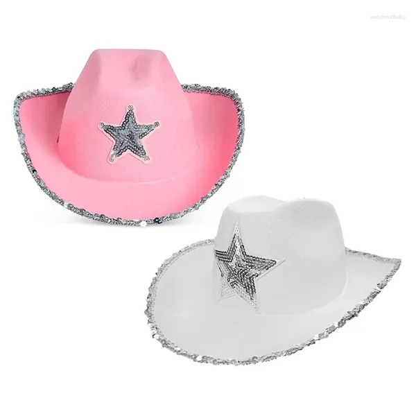 Boinas Q1FA Vintage Country Western Pink Cowgirl Hat Giltter Star Patetrn para fiesta Po Props Headwaer Regalos