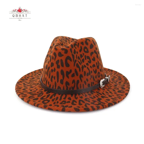 Bérets QBHAT British Leopard Print Laine Feutre Jazz Fedora Chapeaux avec boucle de ceinture Hommes Femmes Large Bord Trilby Panama Party Formelle Top Hat