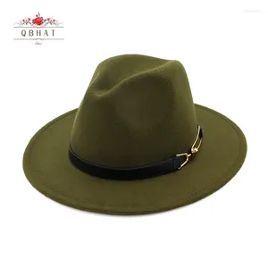 Berets Qbhat Plain geverfde wol vilt fedora hoed met riem gesp buckle decoratie mannen vrouwen jazz chapeau zwart panama trilby unisex