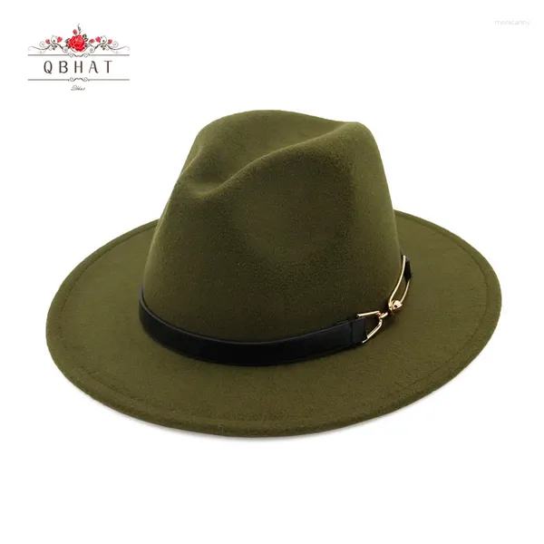 Boinas Qbhat lana teñida de lana fieltro sombrero fedora con decoración de hebilla de cinturón hombres mujeres jazz chapeau negro panamá trilby unisex