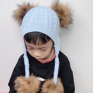 Bérets véritable fourrure pompon bébé chapeau avec oreilles oreillette casquette hiver laine tricoté chapeaux pour enfants enfant en bas âge Skullies bonnets