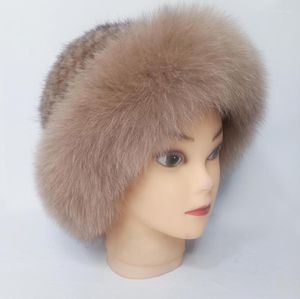 Bérets véritable véritable chapeau de vison tricoté naturel avec fourrure hiver chaud tricot chapeaux femmes casquette