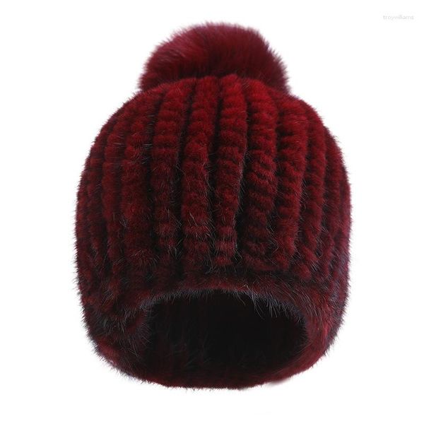 Bérets véritable chapeau femmes hiver tricoté bonnet russe filles casquette avec pompons épais femme élastique