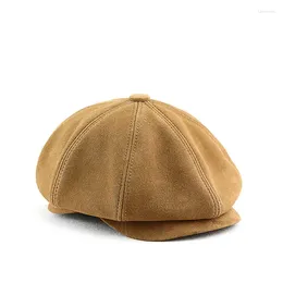 Berets Real Sheepskin Suede Autumn Winter Sboy Cap for Men British Style Fine Cutting Top Grade achthoekige vrijetijdsbaretbaringen Caps