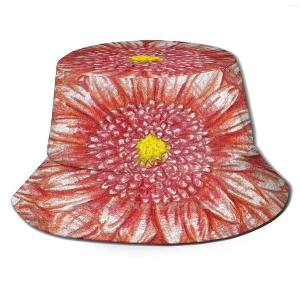 Boinas Sombrero de cubo rojo Protector solar Sombreros Flor Rama Hoja Acuarela Ornamental Floral Primavera Ramo Gráfico Retro Telón de fondo Pictórico