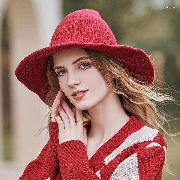 Bérets rouge Halloween tricoté chapeau pour femmes filles sorcière automne et hiver épaissir chaud laine casquette pliable femme magique noël