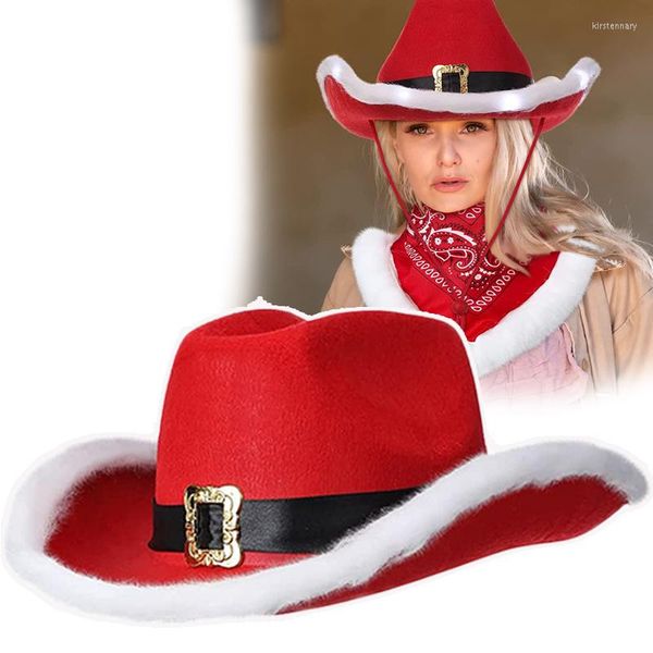 Boinas Sombrero rojo de Santa para Navidad Sombreros de vaquero Mujeres Hombres Estilo occidental Vaquera Halloween LED Light Up Holiday Decor Party