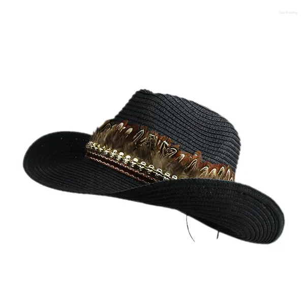 Boinas Retro Pluma Cuero Banda Cinturón Ahuecado Mujeres Hombres Paja Ancho Ala Playa Vaquero Cowgirl Western Sun Hat