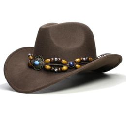 Bérets Rétro Formel Turquoise Bois Perle Tresse BandeUnisexLaine Large Bord Cowboy Western Chapeau Cowgirl Bowler Cap Big Large Plus Taille 61CMBérets