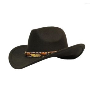 Bérets Rétro Feuilles de Vie Bande de Cuir Unisexe Femmes Hommes / Enfant Laine À Large Bord Cowboy Western Chapeau Cowgirl Bowler Cap 54-57-61cm