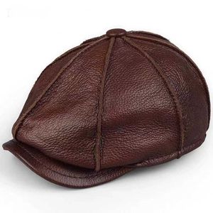 Bérets Rétro octogonal en cuir véritable chapeau automne hommes en cuir de vachette béret élégant mode étudiant langue casquette Snapback casquettes pour hommes Z0616