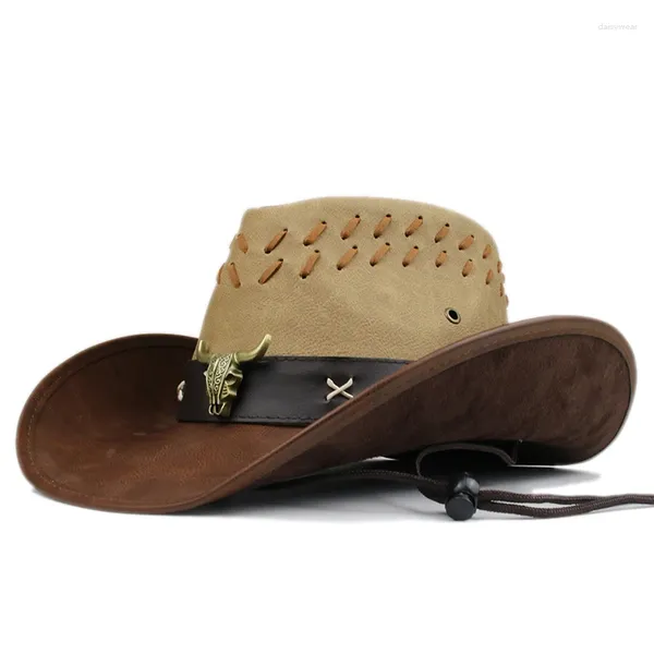 Boinas Retro OX Cabeza de cuero Banda Mujeres Hombres PU Roll Up Wide Brim Sombrero Sun Cap Beach Cowboy Cowgirl Western Hat Ajustar