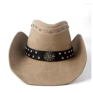 Bérets Style rétro Western Cowboy Hat avec ruban en cuir Punk pour femmes hommes Sombrero Cap Roll UpBerets Pros22